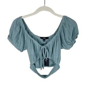 Lulus Top Small Blue Pointelle Knit Crop Cutout Coquette Preppy Festival Summer